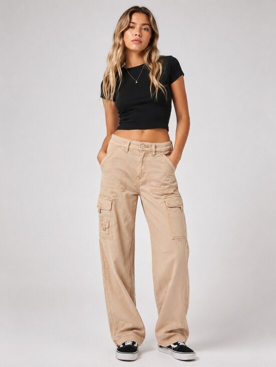 American Eagle Outfitters Pants - American Eagle Stretch Cargo Pants Women's Size 4 Regular Beige Wide Leg Utility